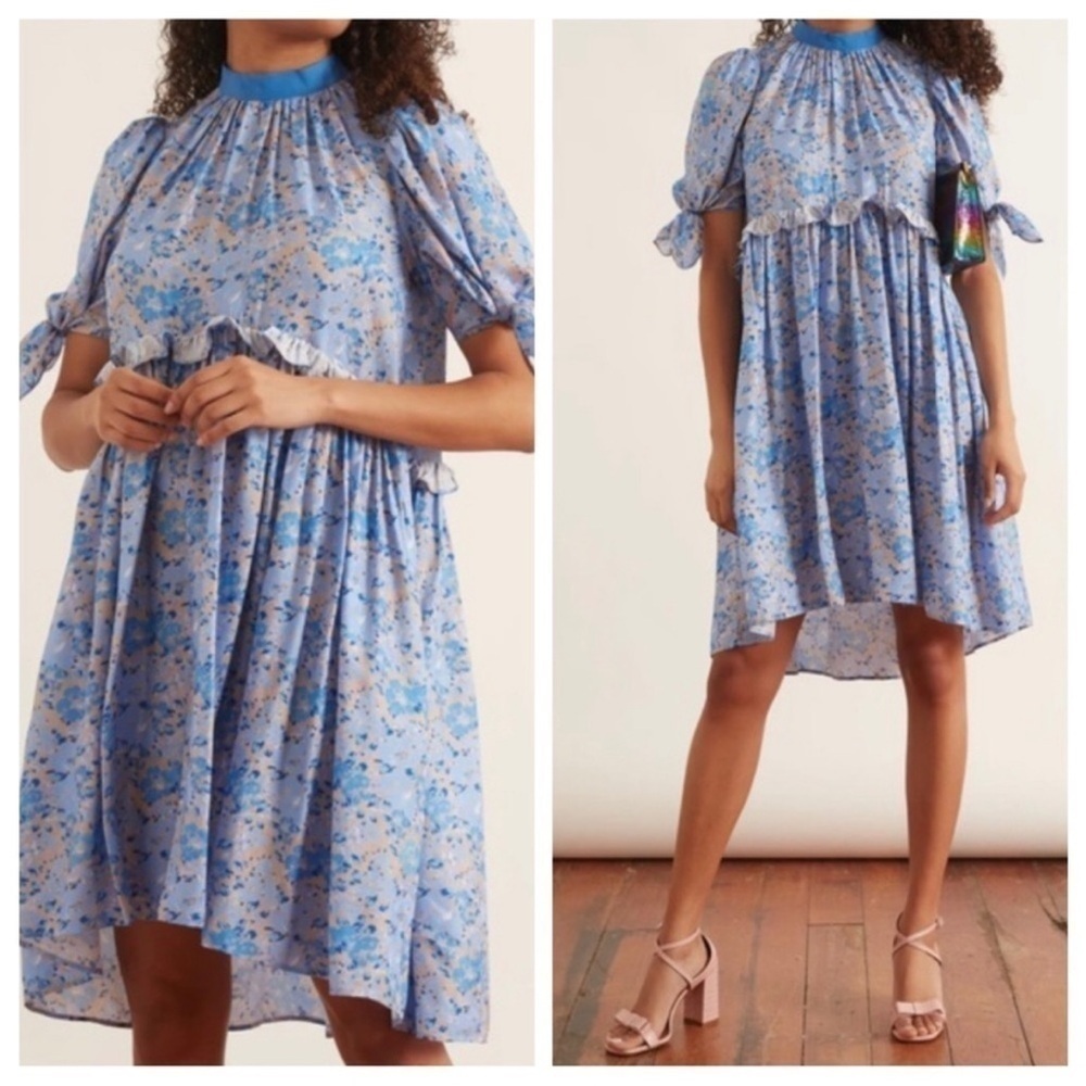 Brogger Dress Womens Medium Blue Floral Silk Quiet Luxury Cottagecore Peasant